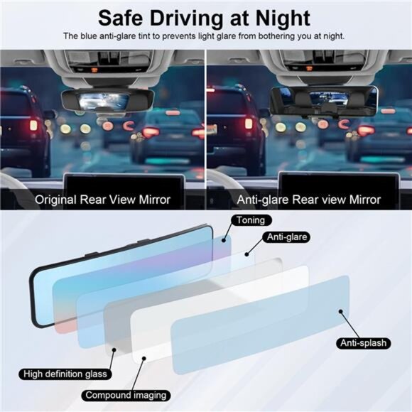 Anti Glare Rear View Mirror 11.2''(285mm), Wide Angle Panoramic Convex Curve - Picture 2 of 8
